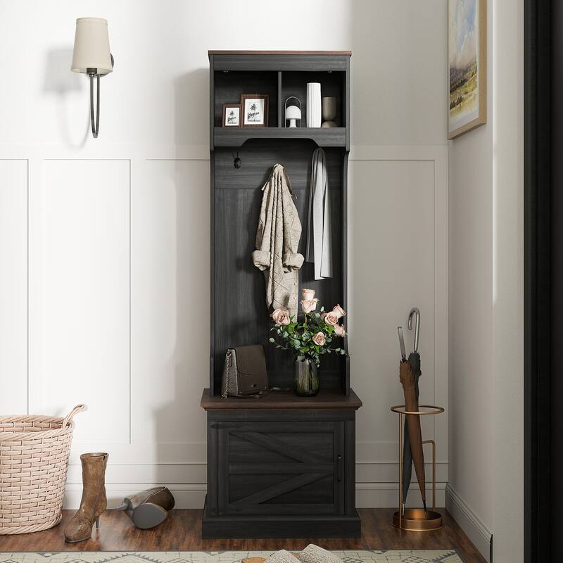 Multi-Functional Hall Tree with Bench Coat Rack Shoe Storage and Top Storage Compartments - 23.1" W x 15.7" D x 70.9" H