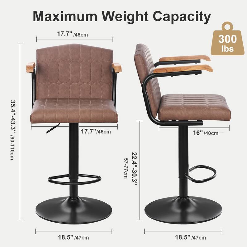 2/4 Pack Flocked Bar Stools Swivel 35.4"-43.3" Adjustable Height Arms Counter Bar Height Kitchen Island Set