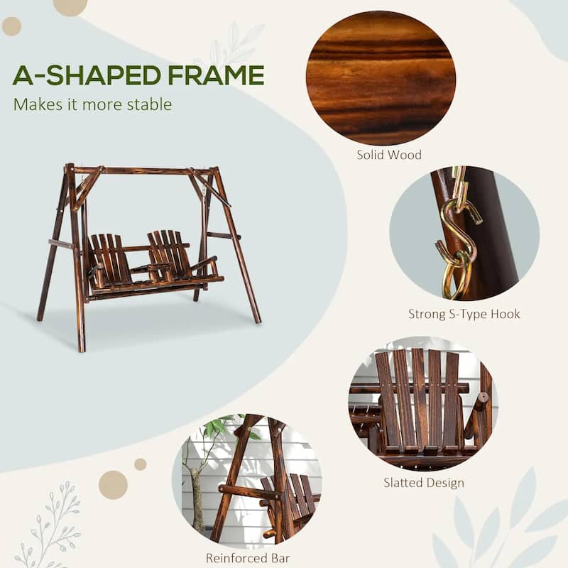 Wooden Porch Swing with Stand, 2-Seat Patio Swing Chair with Table