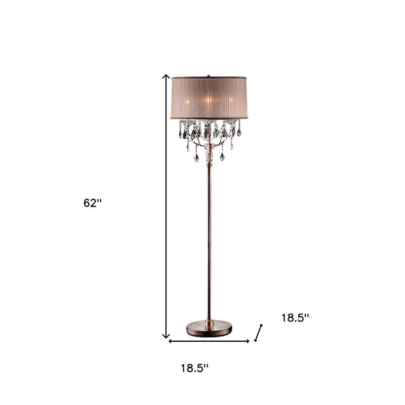 Silver Metal Candelabra Floor Lamp with Pink Fabric Drum Shades and Inline Switch - 18.5” x 18.5” x 62” (D x W x H)
