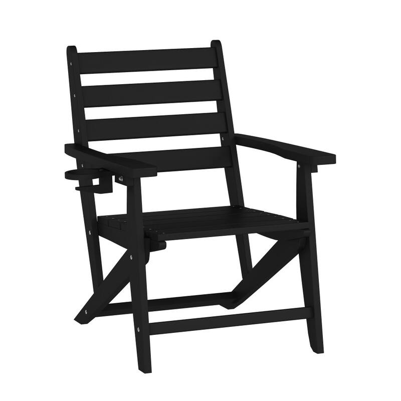 All-Weather Commercial Adirondack Dining Chair with Fold Out Cupholder - Black