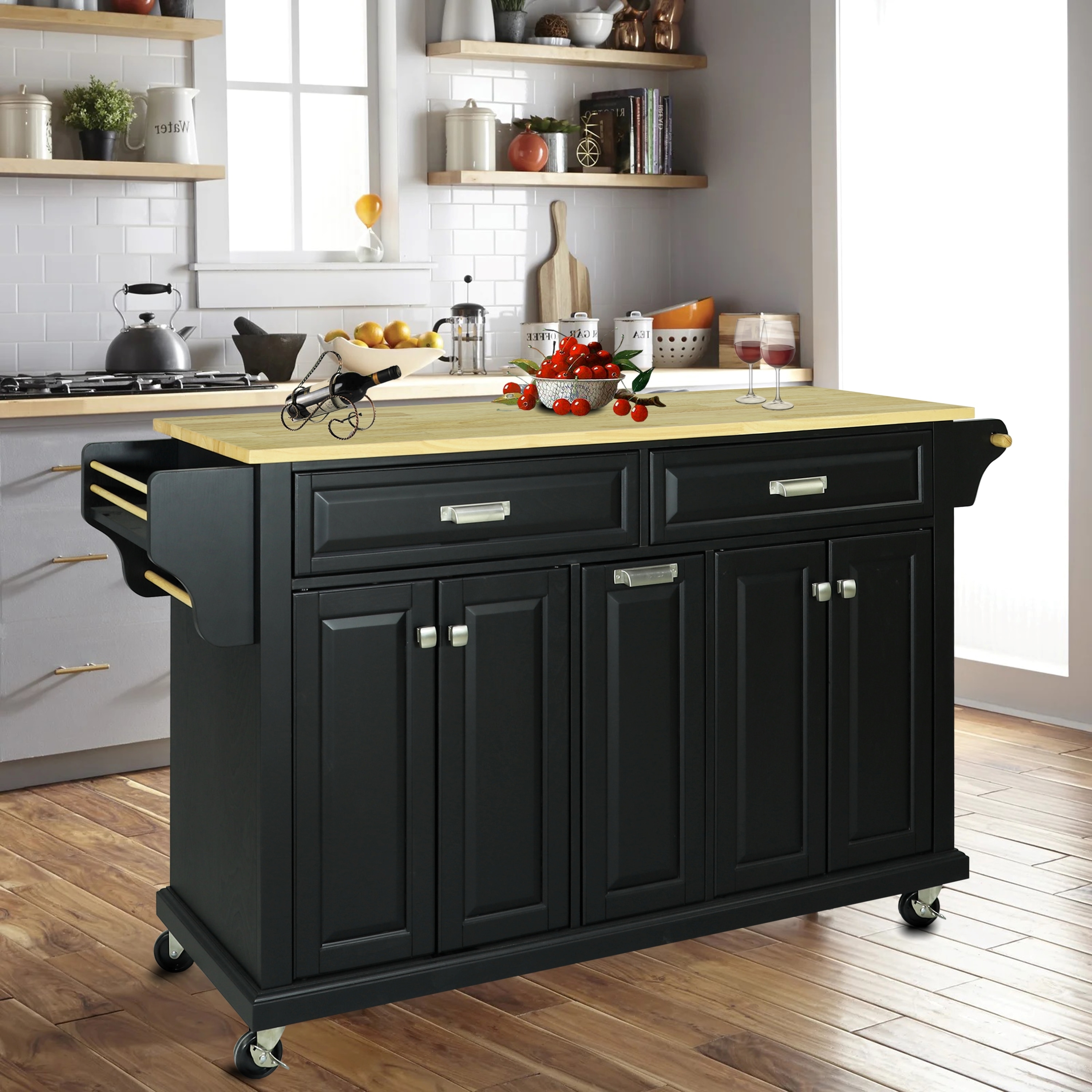 Black Kitchen Island on Wheels Kitchen Cart with Cabinet 3-Layer Shelves Wood Countertop Mobile Storage Islands
