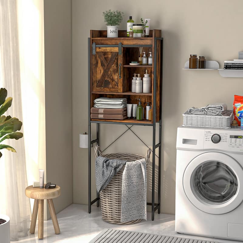 4-Tier Over Toilet Storage Cabinet with Adjustable Shelves and Sliding Door for Bathroom Organization - 25"W x 9.5"D x 67.5"H