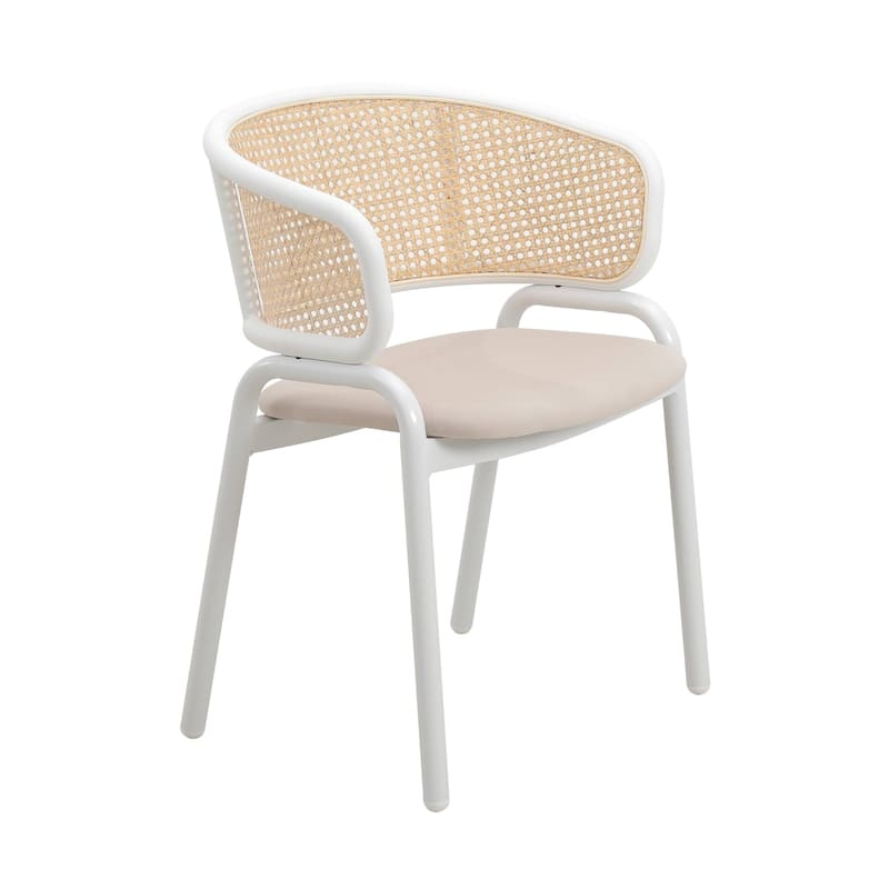 Ervilla Modern Stylish Side Chair with Rattan Back and White Steel Legs for Dining Room & Kitchen - Beige
