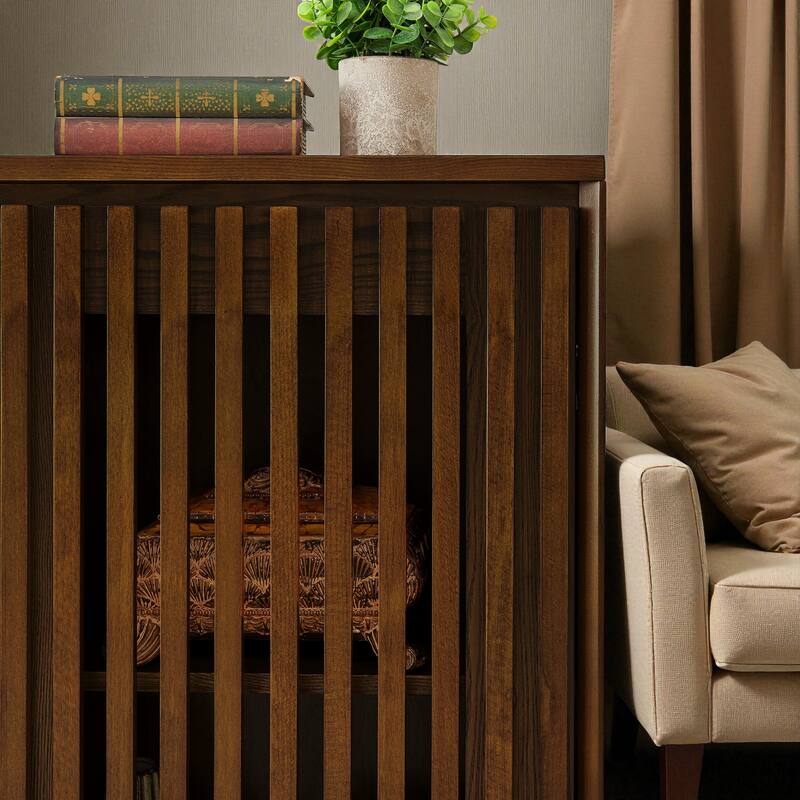 Mid-Century Modern Fluted Sideboard Cabinet with Outlet Holes, Solid Wood Buffet Storage Cabinet for Living Room