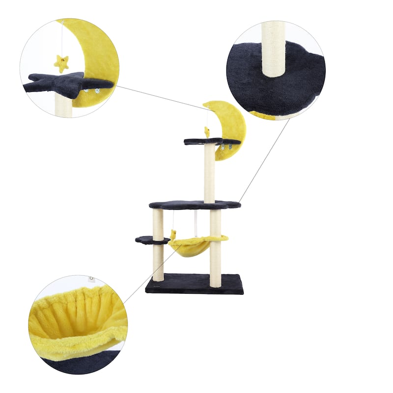Aurora 49" 3-Tier Modern Sisal Moon And Stars Cat Tree with Scratching Posts, Basket, and Fuzzy Bell Toys, Navy/Yellow/White