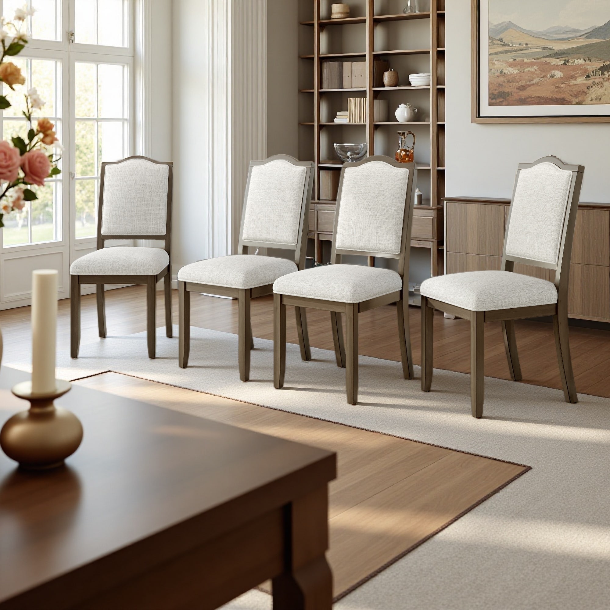 39"H Set of 4 Linen Upholstered Dining Chairs with High Back & Solid Rubberwood Legs
