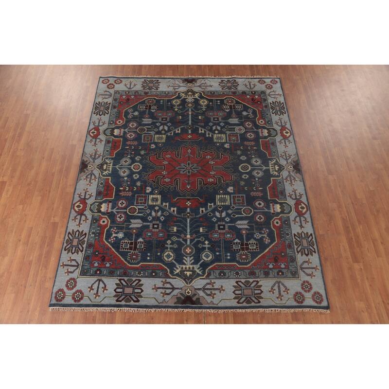 Blue Kazak Indian Area Rug Hand-Knotted Geometric Wool Carpet - 8'1" x 9'9"