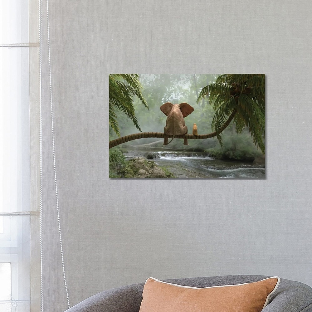 iCanvas "Elephant And Dog Sit On A Palm Tree In Tropical Forest" by Mike Kiev Canvas Print
