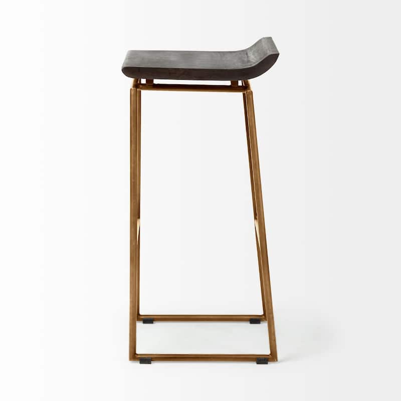 Givens Dark Brown Solid Wood Seat with Gold Metal Frame Bar Stool - 14"W x 15.8"D x 31.8"H