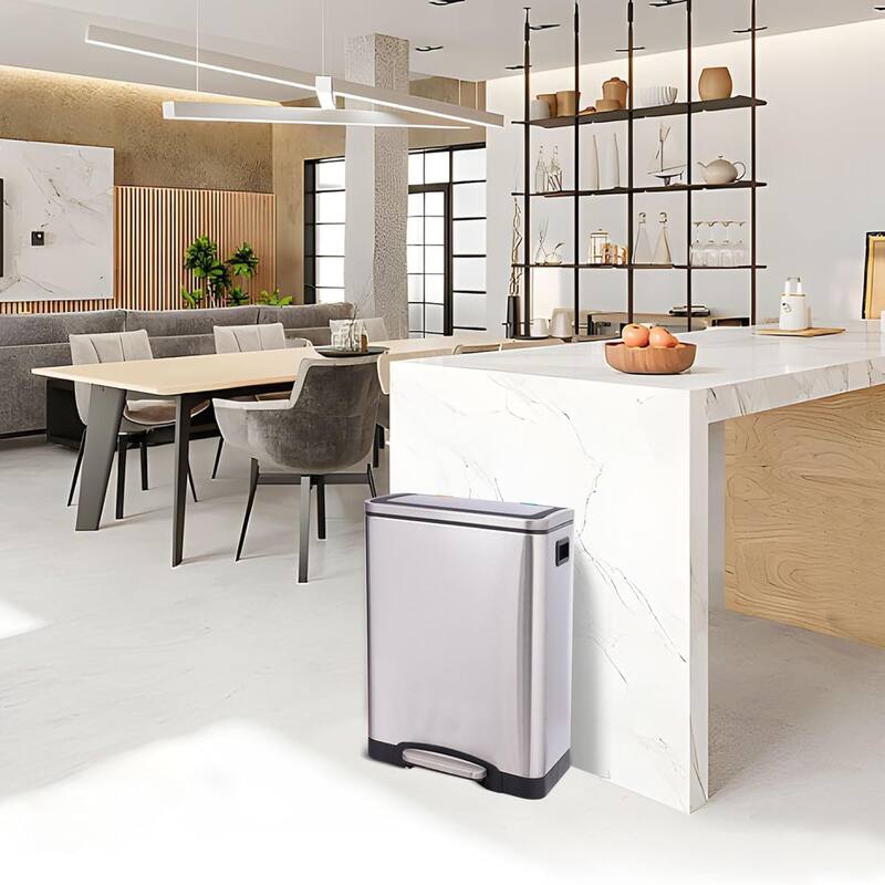 2 x 4 Gal (2 x 15L) Trash Can, Stainless Steel Double Trash Can - Silver