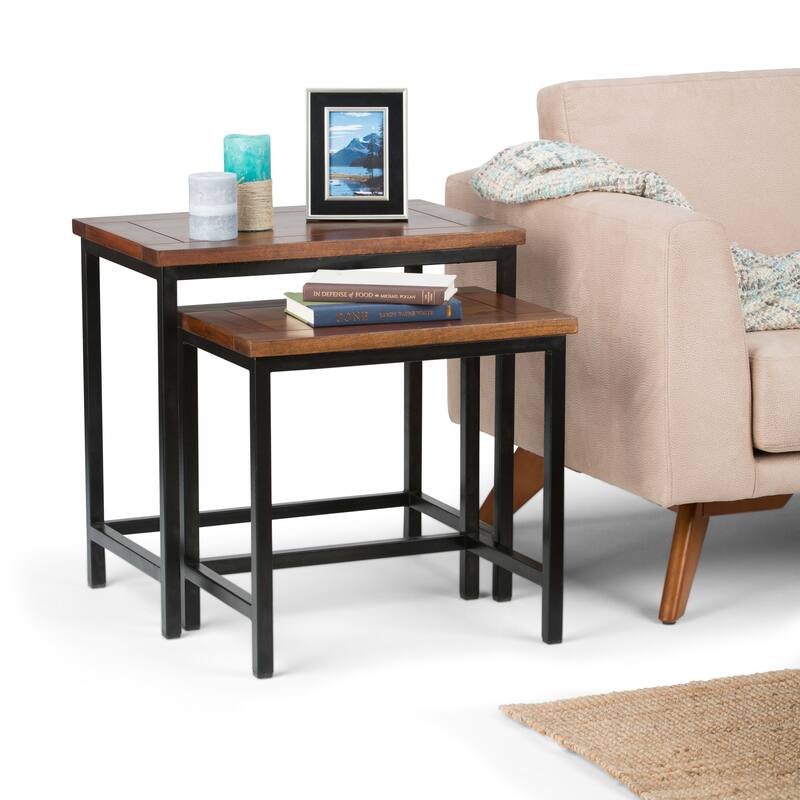 WYNDENHALL Rhonda SOLID MANGO WOOD and Metal 25 inch Wide Rectangle Industrial Nesting 2 Pc Side Table, Fully Assembled - Cognac
