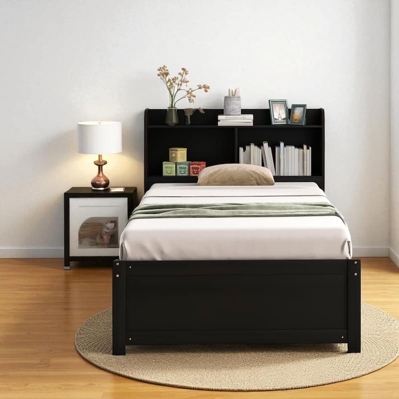 Twin/Full Bed Frame with Pull-Out Trundle and Bookcase Headboard, No Box Spring Needed - Espresso - Twin