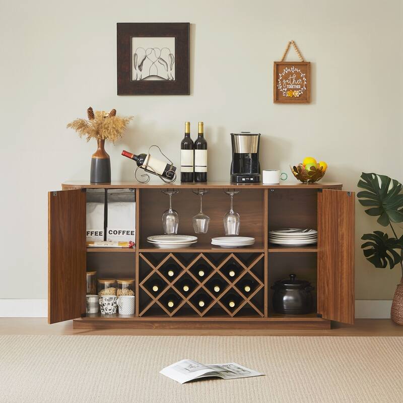 Modern Wavy Curve Sideboard-Multifunctional storage cabinet with wine rack and glassware holder