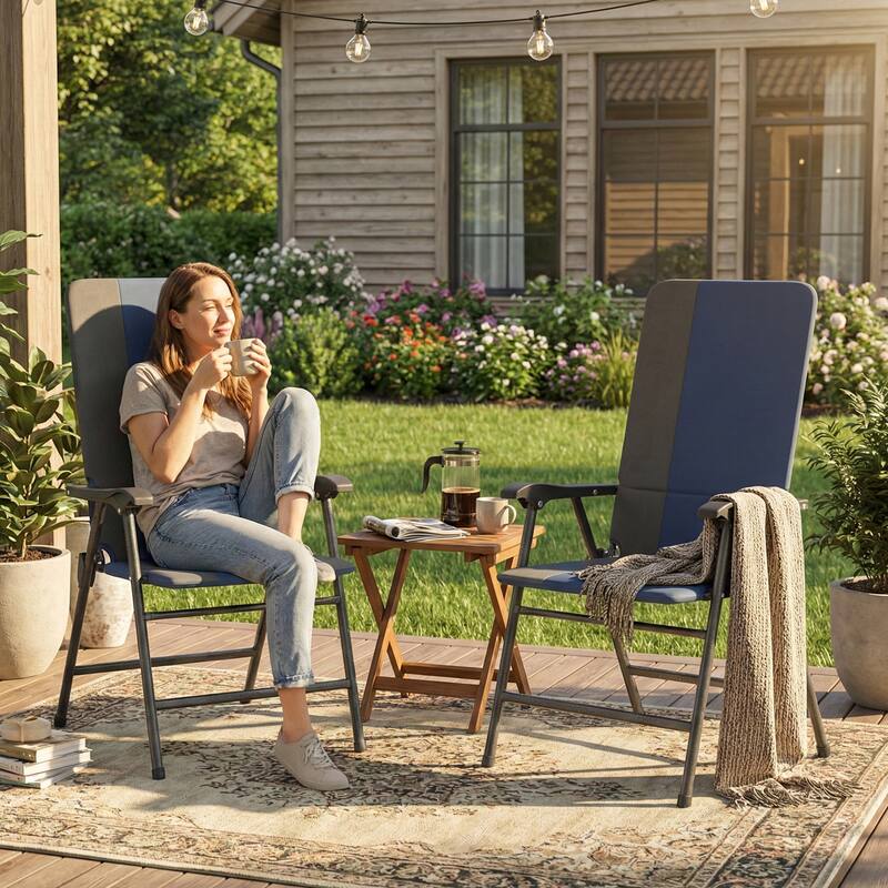 Outsunny Folding Patio Chairs Set of 2, Padded High Back Folding Lawn Chairs with Armrests, 600D Oxford Fabric