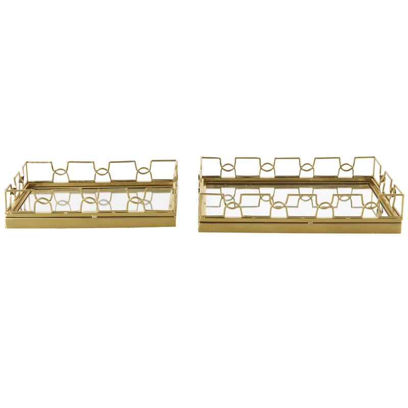 Gold Stainless Steel Metal Mirrored Geometric Living Room Decor Tray with Wire Rod Frame and Mirrored Glass Interior (Set of 2)