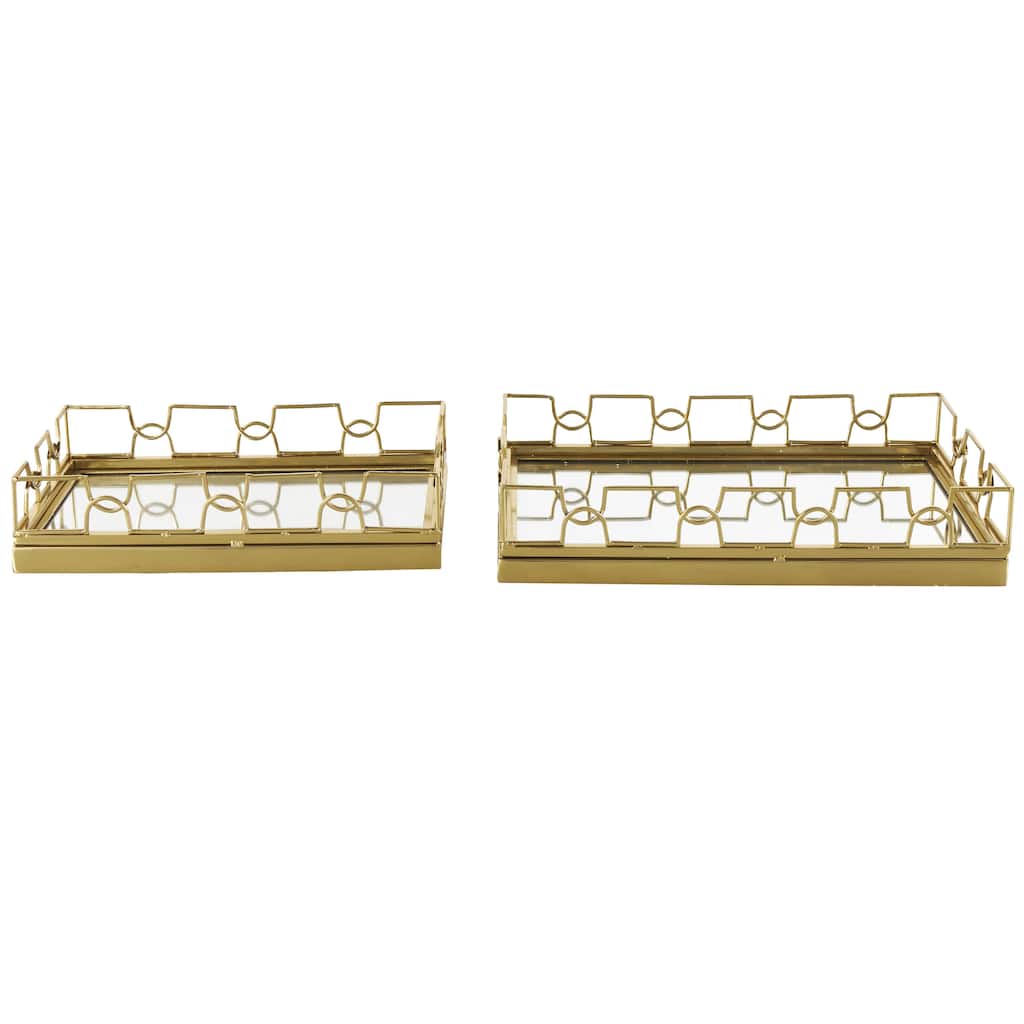 Stainless Steel Metal Geometric Living Room Decor Tray with Mirrored Glass Interior - Set of 2 Gold - Roche River Decor