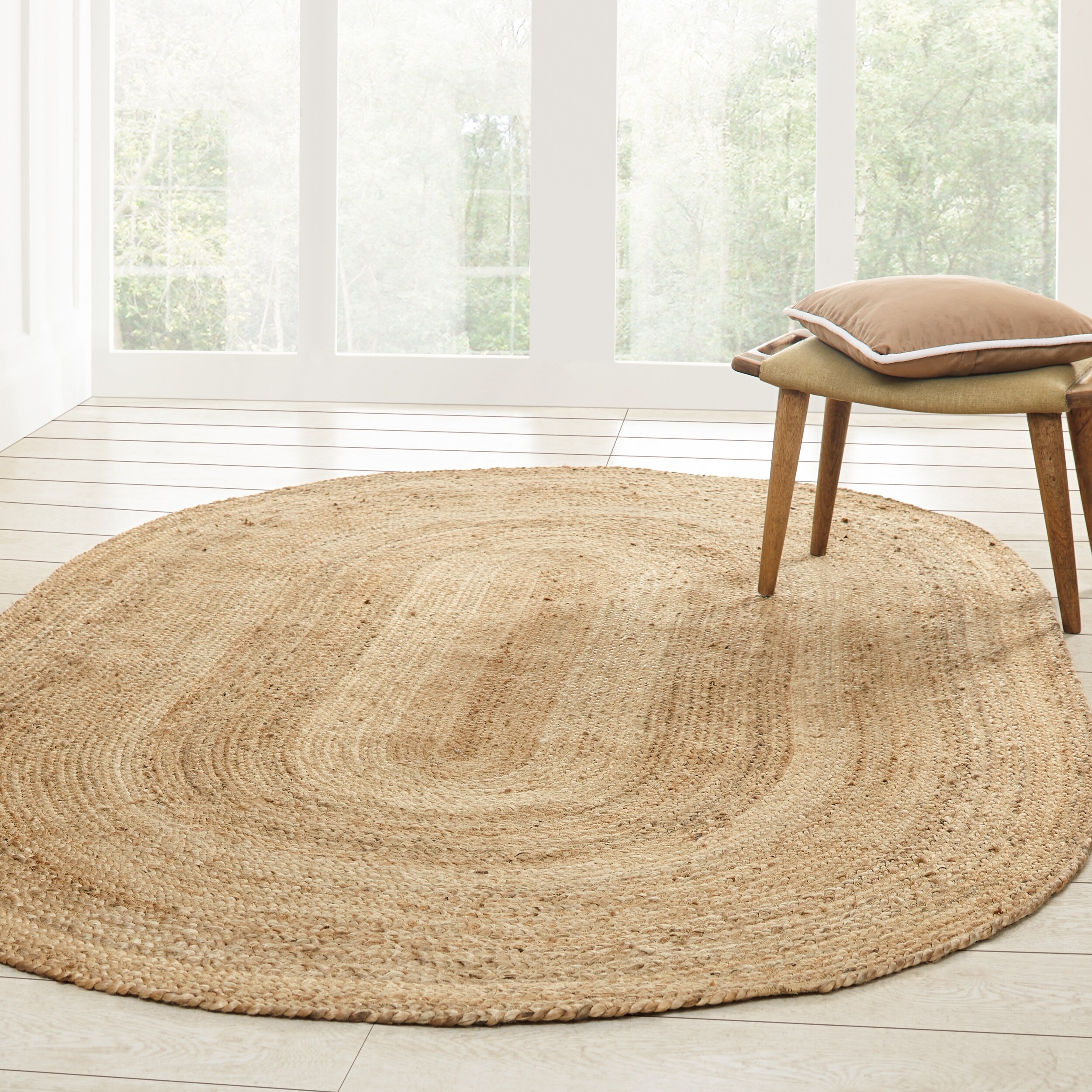 Natural Jute Braid Floor Rug Oval Shaped Hand Woven Reversible Area Rug 
