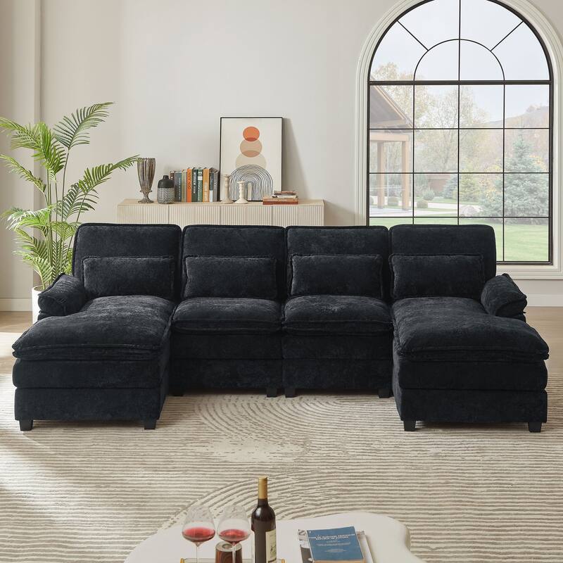 113" Chenillle U Shaped Sectional Sofa with Toss Pillows - Black