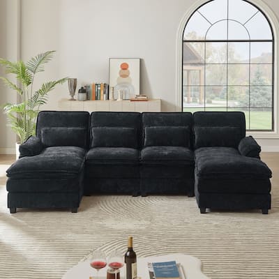 113" Chenillle U Shaped Sectional Sofa with Toss Pillows