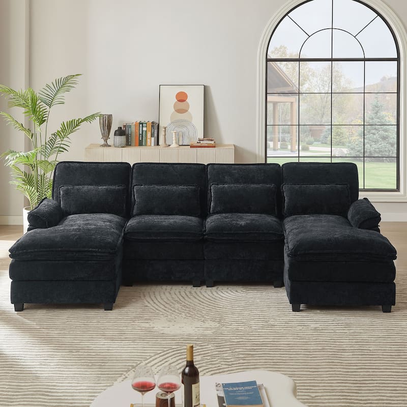 113 Inches Oversized Double Layer Cloud Design U Shaped Sofa with Double Chaise - Black