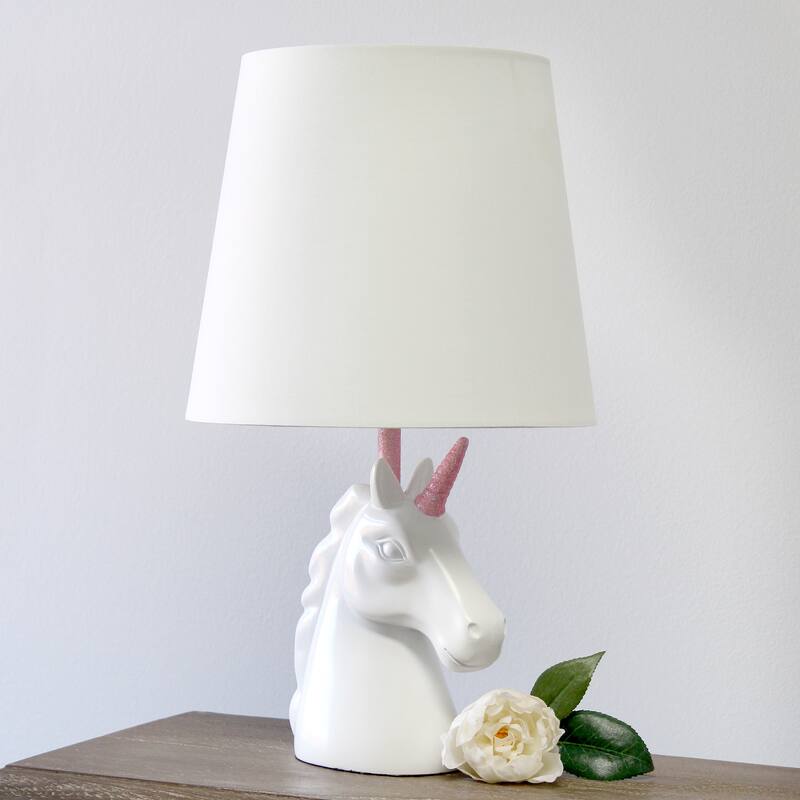 Simple Designs 15.5" Sparkling Glitter Unicorn Table Lamp, White with Blue Glitter, With LED Bulb