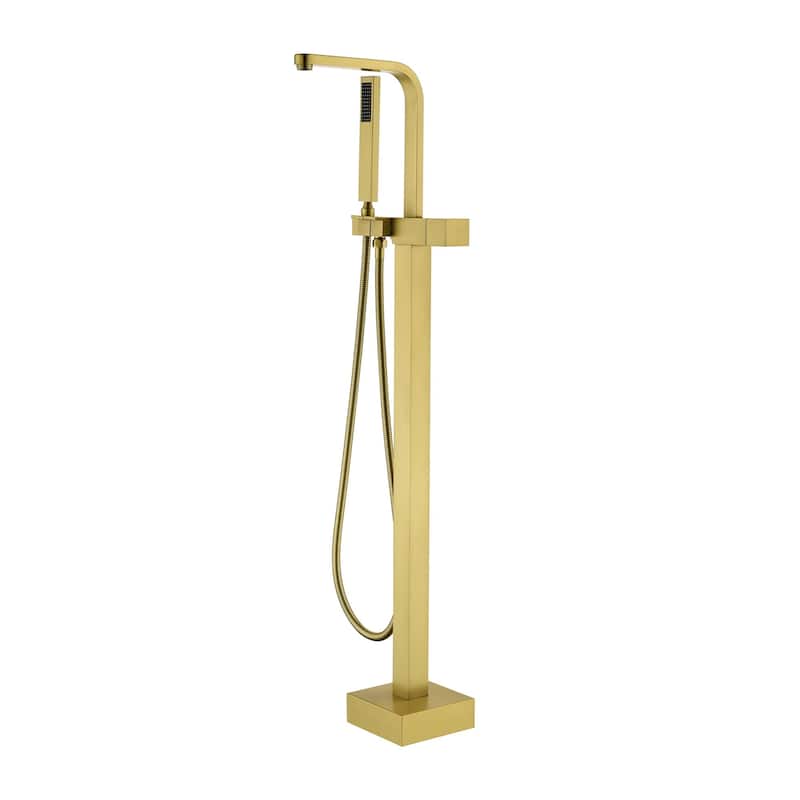 Waterfall Floor Mount Tub Faucet with Handheld Shower Brushed Gold Modern Single Handle Freestanding Bathtub Filler - Brushed Gold