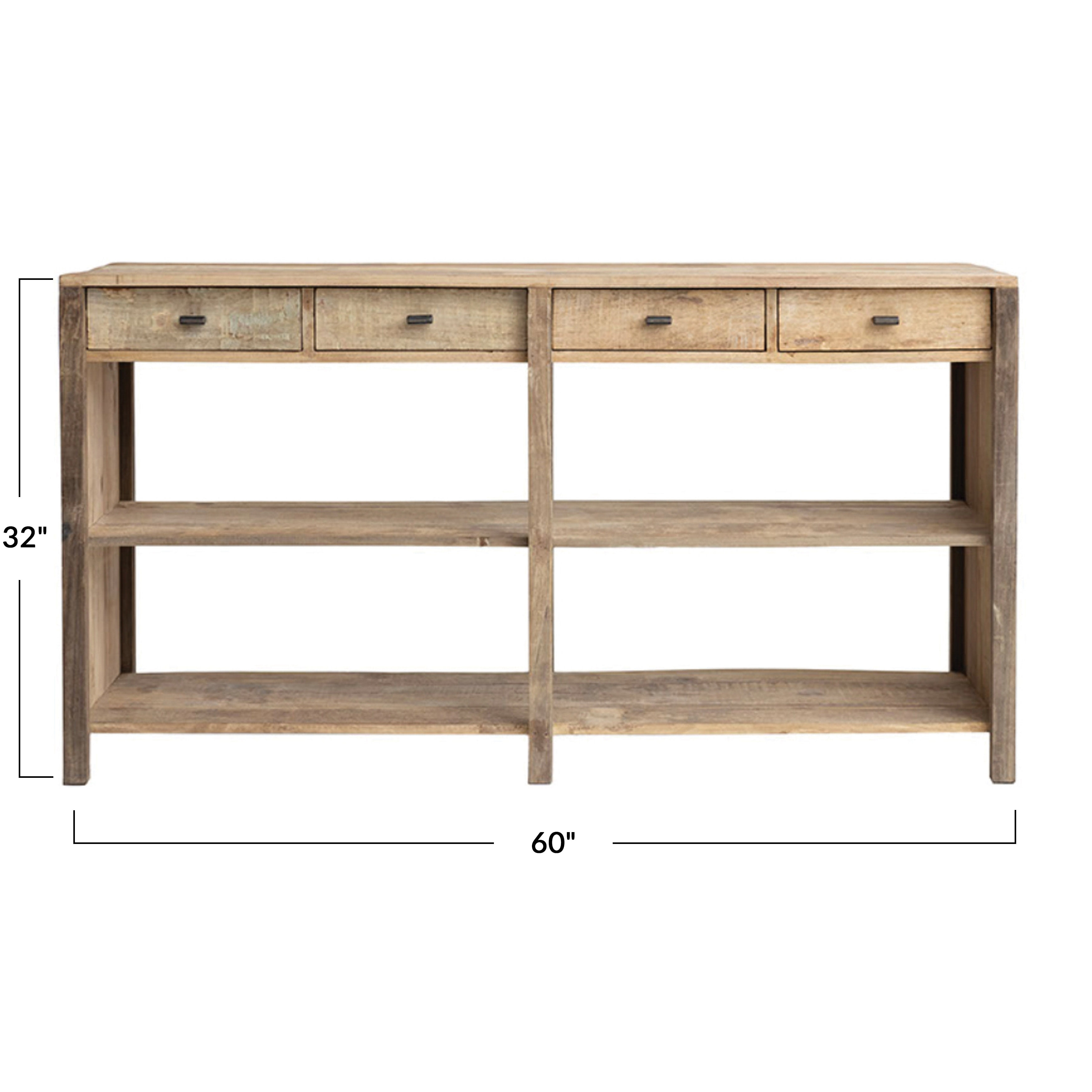 Reclaimed Wood Console Table with 4 Drawers 4 Storage
