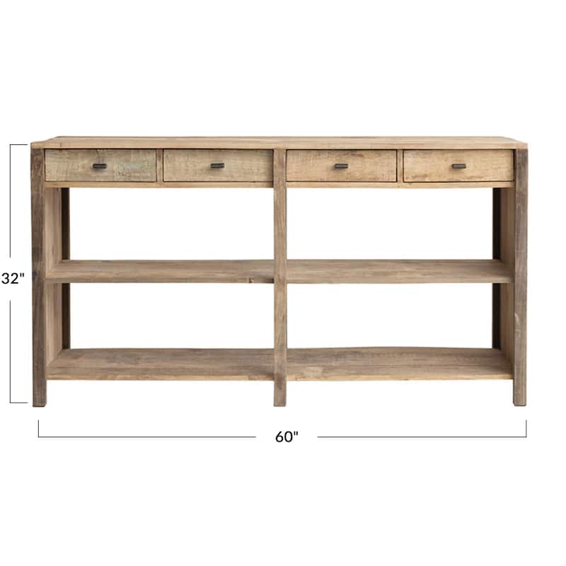 Reclaimed Wood Console Table with 4 Drawers 4 Storage Sections - 60.0"L x 18.0"W x 32.0"H