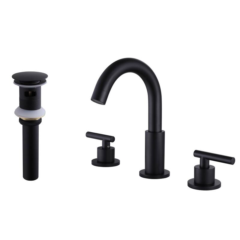 Modland Widespread 3-Hole Bathroom Faucet, 500K Cycle Ceramic Cartridge, 360 Swivel Spout & CEC Certified (Black/Gold/Nickel) - Matte Black with Drain
