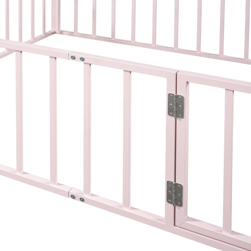 Elegant Twin Floor Bed Frame with Opening Door, Metal Design for Kids Room