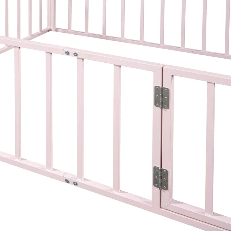 Pink Full Size Metal Floor Bed Frame with Fence and Door for Kids