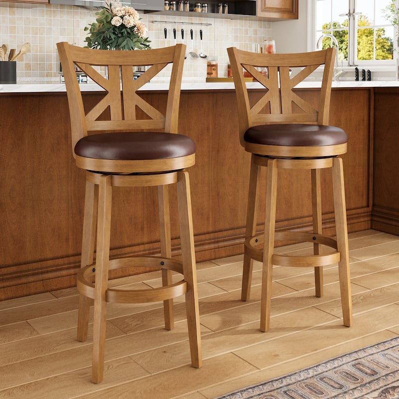 26"/30" Counter Height Bar Stools, Kitchen Wooden Swivel Bar Chairs with Back - Set of 2 - 30"Teak & Conker
