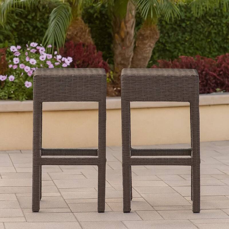 Outdoor Barstool Set of 2, Industrial Style Dark Brown Rattan Woven
