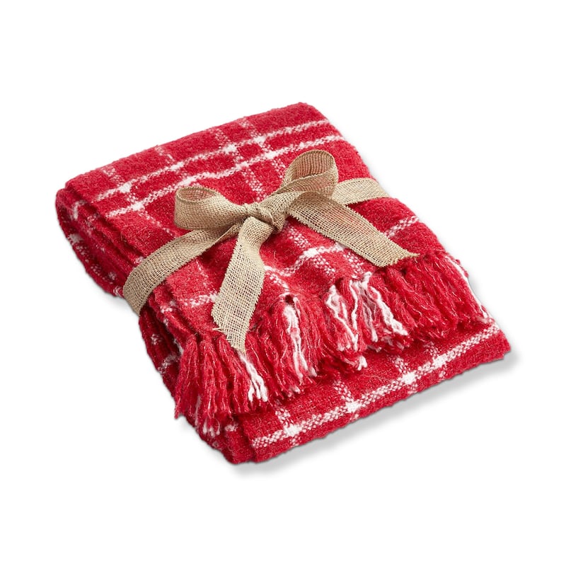 Merry Plaid Acrylic Decorative Throw for Sofa or Bed Red and White Plaid with Fringe 50L x 60W in.