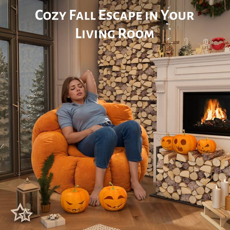 WOWMAX Pumpkin Bean Bag Sofa Chair, Giant Bean Bag Chair, Oversized Bean Bag Couch for Gaming, Reading, Orange