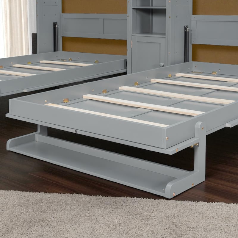 Dual Twin Murphy Wall Beds with Storage Cabinets and Open Shelves, Foldable Space-Saving Design for Small Rooms