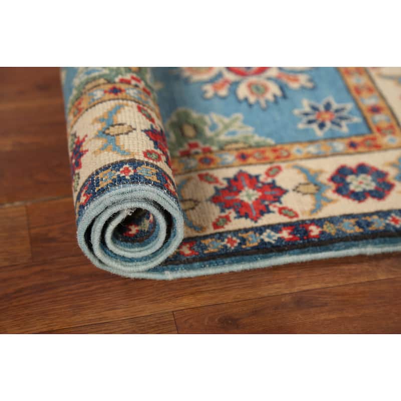 Light Blue Geometric Kazak Accent Rug Hand-Knotted Wool Carpet - 2'1"x 2'10"