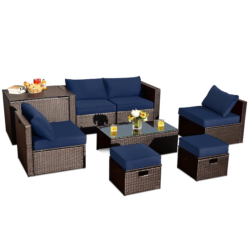 8PCS Patio Rattan Furniture Set Space-Saving Storage W/ Cushion