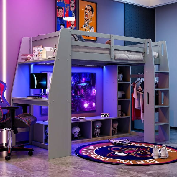 slide 2 of 6, Twin Size Wood Gaming Loft Bed with Desk, Shelves, LED and a Hanging Clothes Rack