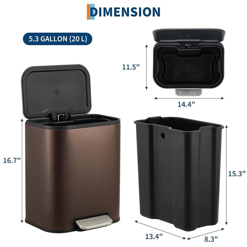 5.3 Gallon Trash Can with Soft Close Lid for Bathroom, Kitchen, Home, Office