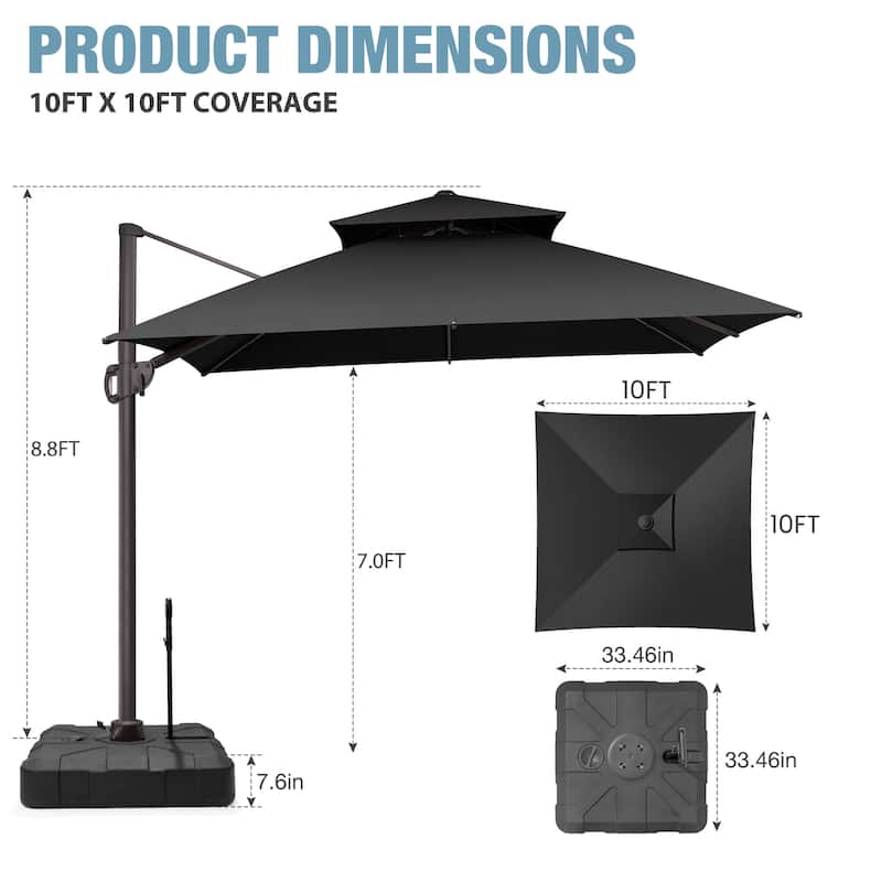 VredHom Double Top 10x10 FT Square Patio Cantilever Umbrella with Rod Wheel Base