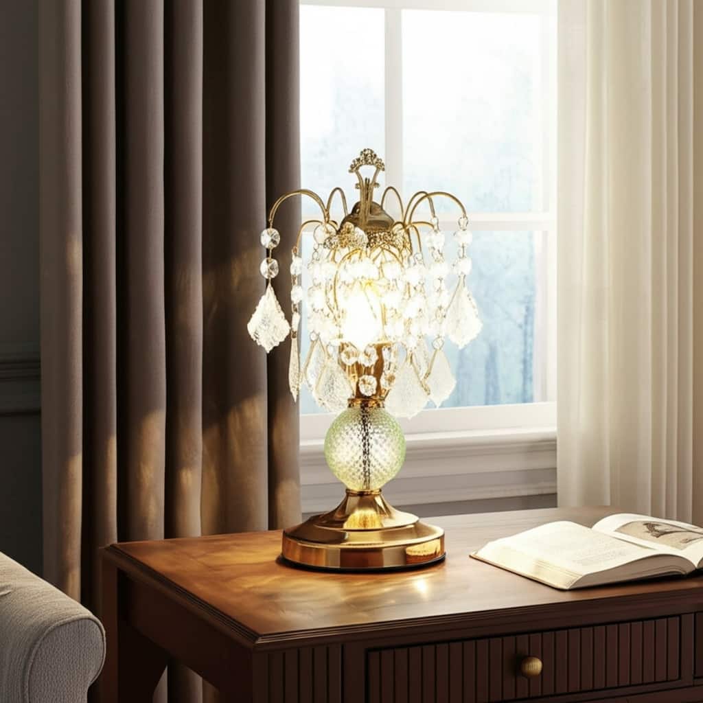 Modern 15-inch Table Lamp Gold Metal Base Faux Crystal Design - 7” x 7” x 15”