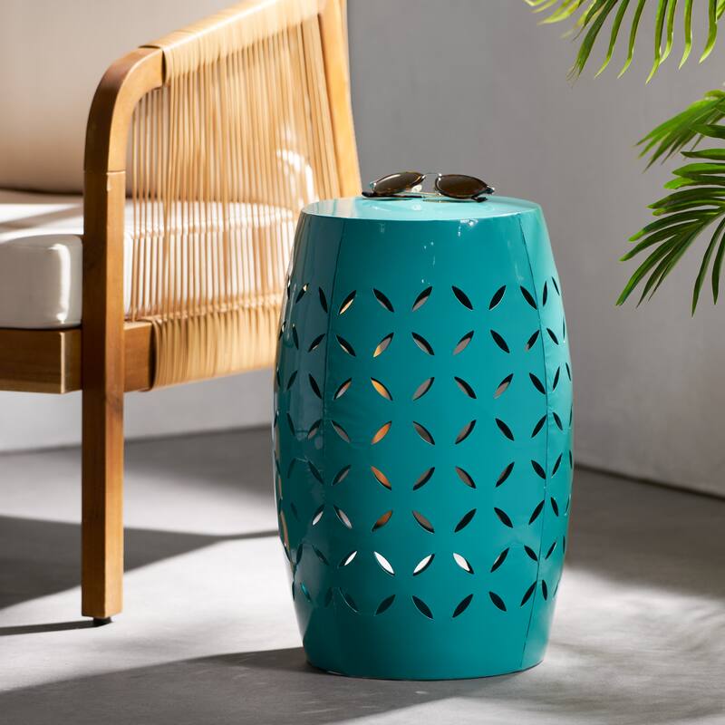 12.25" Modern Round Side Table with Barrel Structure and Iron-cut Design for Living Room or Bedroom