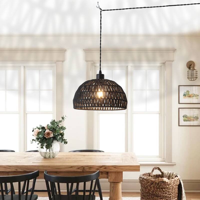 Plug in Handwoven Hemp Rope Lampshade Pendant Light with On/Off Switch