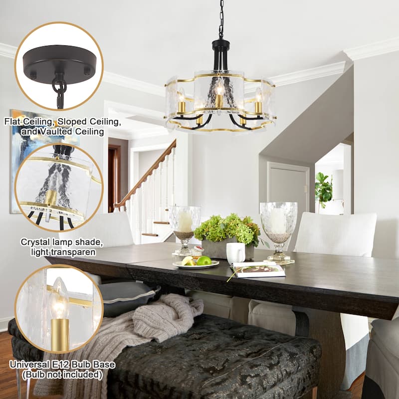 18.9inch modern simple design 5 light pendant with flower metal frame and water ripple glass decorative piece for multiple rooms