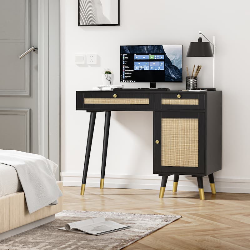 Modern Computer Desk with Drawers Wood Rattan Home Office Desk Writing Desk with File Cabinet