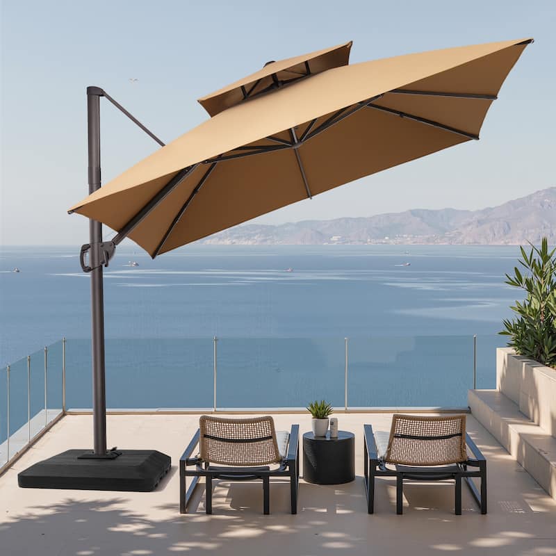 10.5ft Patio Double Top Cantilever Offset Umbrella with 4-Piece Fillable Weighted Base - Tan