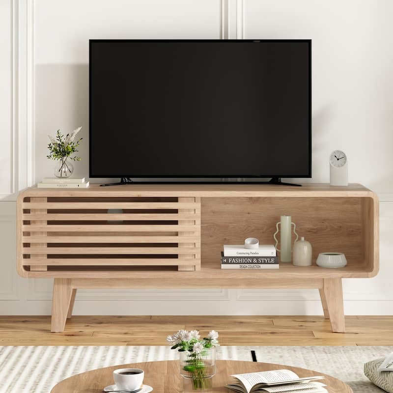Mid-Century Modern TV Stand for TV Up to 59" with Sliding Slatted Door