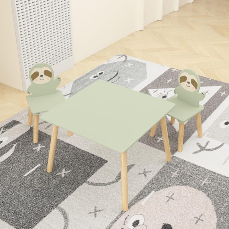Kids Table and Chair Set with 2 Cute Sloth Chairs, Wooden Toddler Activity Table, Cute Animal Design Play & Study Set